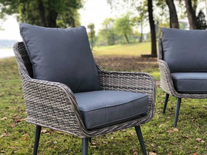 wicker rattan chair outdoor with grey cushions