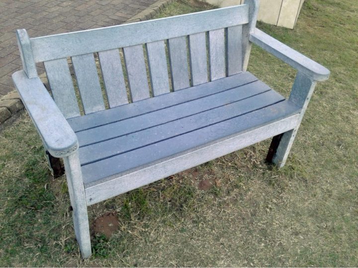 Recycled plastic re-manufactured into a blue picnic bench