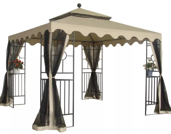 Gazebo with Mosquito Netting and beige Privacy Curtain